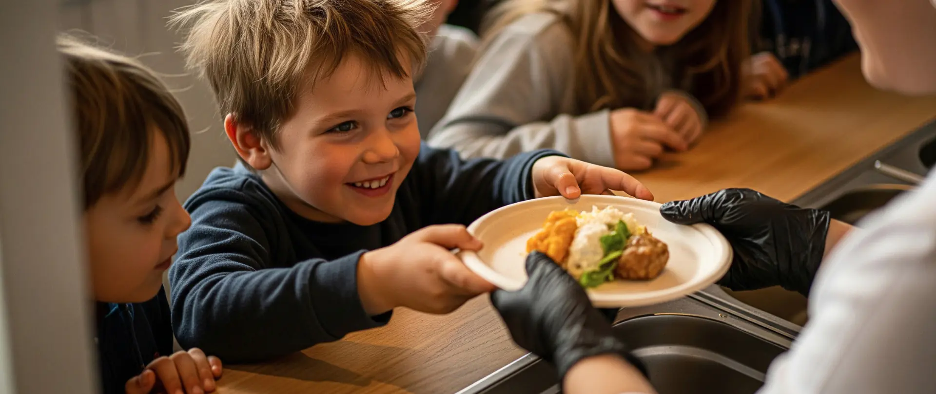froehliche kinder an der essensausgabe im schulcatering fps catering